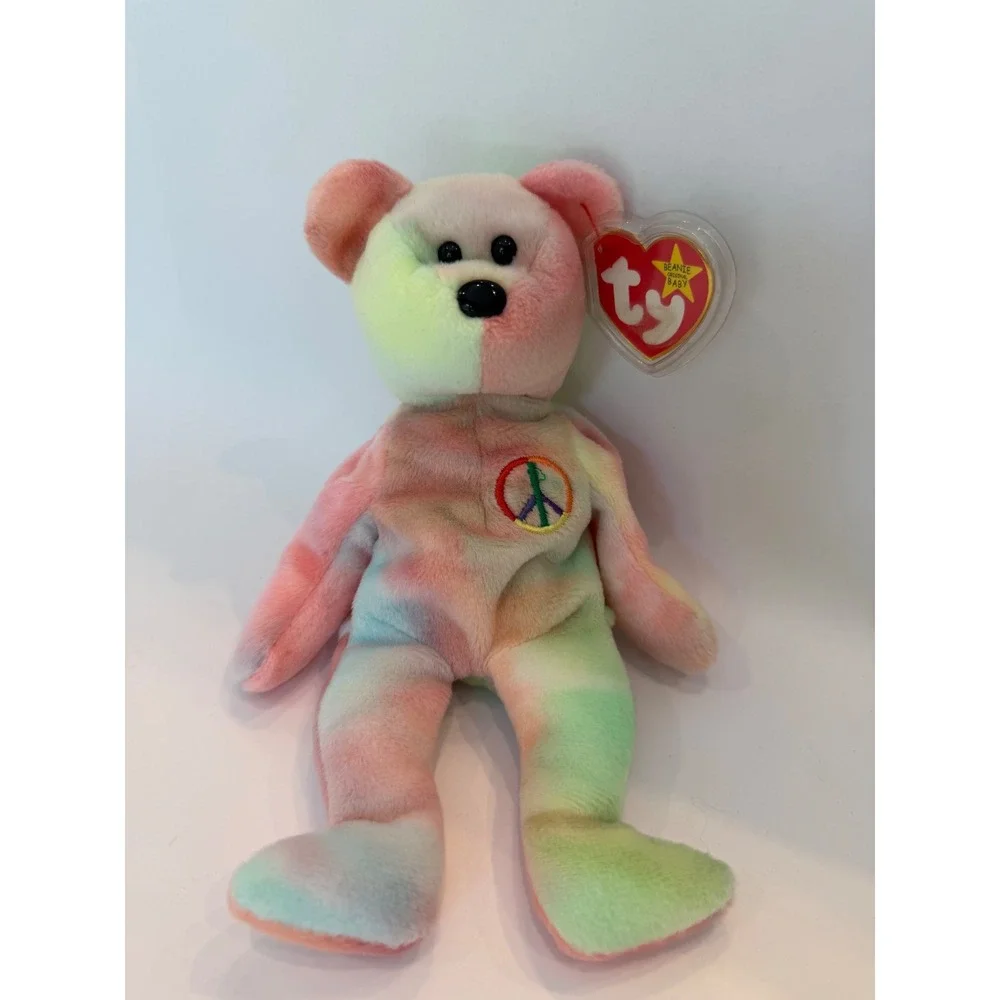 Ty Beanie Baby Peace the Bear 1996 Tie Dye Pastel Rainbow Plush with Tags 4053